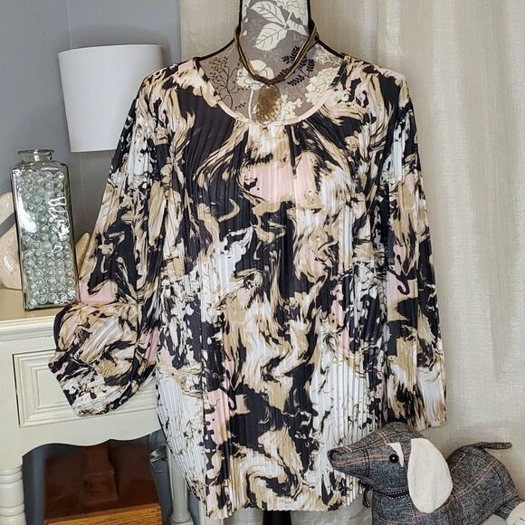 Cato Brown Swirly Print Pleated Blouse, Oversized, Sz XL Comfy Breezy - Picture 1 of 9